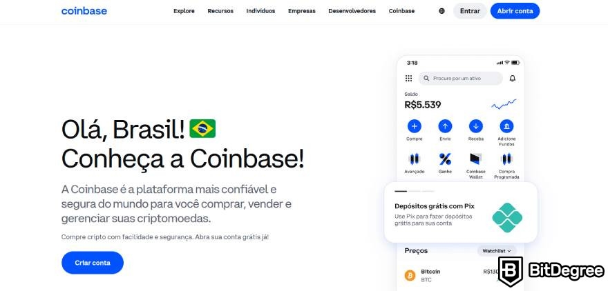 Padrões de criptomoedas: página inicial da Coinbase.