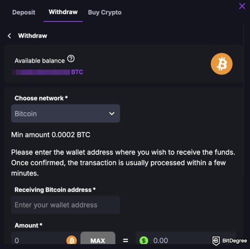 CoinCasino review: Bitcoin withdrawal page on CoinCasino.