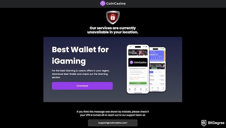 CoinCasino review: CoinCasino's unavailability page.