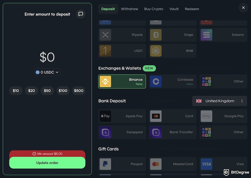 CoinCasino review: Gamdom's deposit page.
