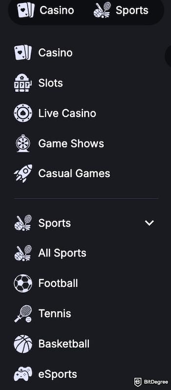 CoinCasino review: game categories on CoinCasino's sidebar.