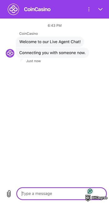 CoinCasino review: livechat box.