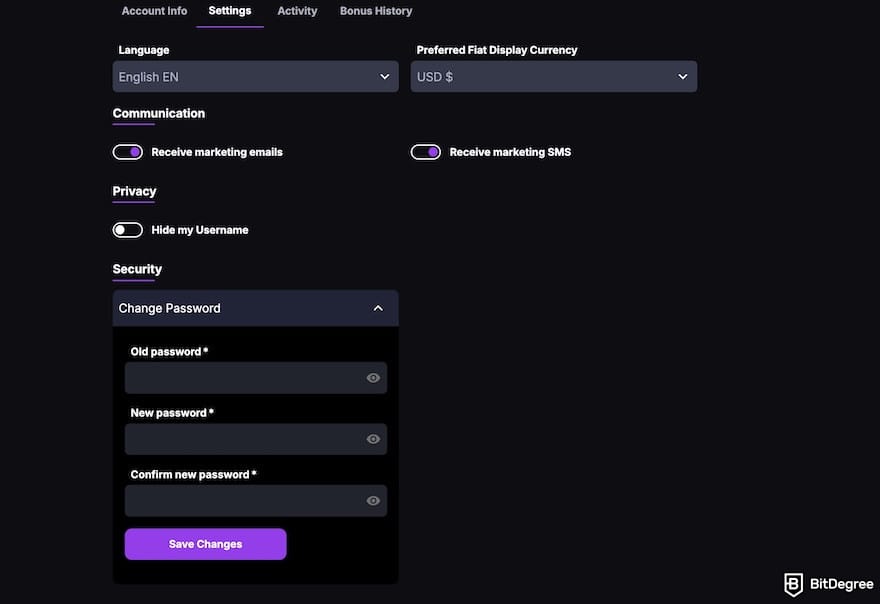 CoinCasino review: settings page.