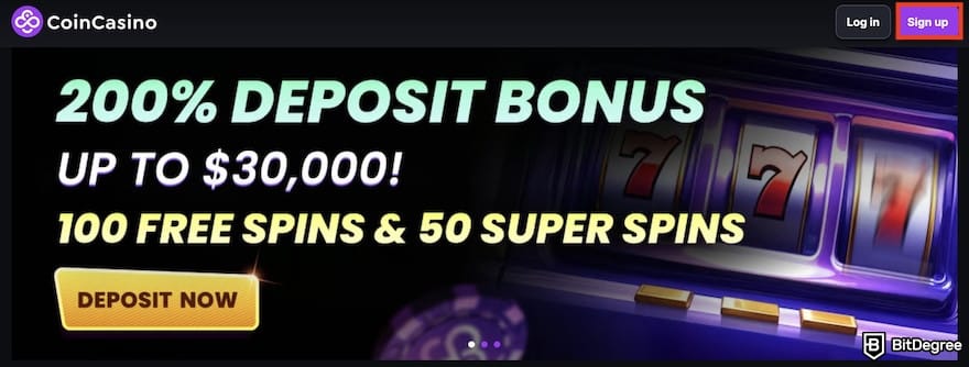 CoinCasino review: the [Sign up] button on CoinCasino's homepage.