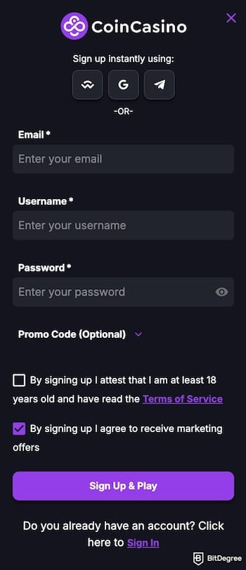 CoinCasino review: CoinCasino's sign-up-form.