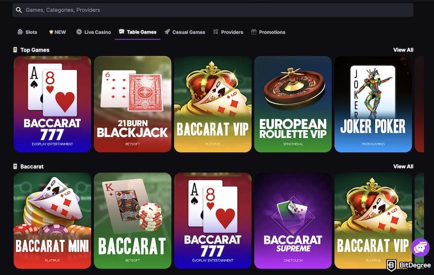 CoinCasino review: CoinCasino's table games page.