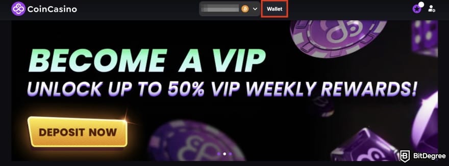 CoinCasino review: the [Wallet] button on CoinCasino.
