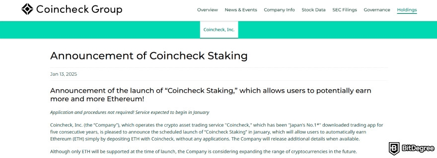 Coincheck review: staking announcement.