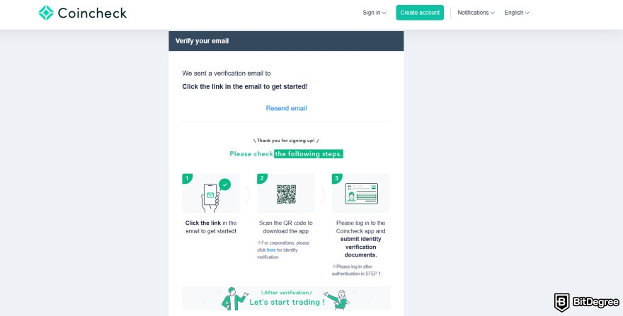 Coincheck review: verify your email.