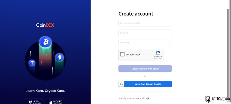 CoinDCX coupon code: create an account on CoinDCX.