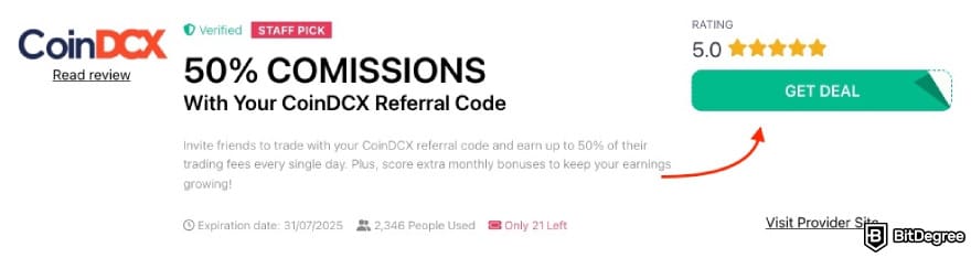 CoinDCX coupon code: a red arrow pointing to the [GET DEAL] button on BitDegree's page.
