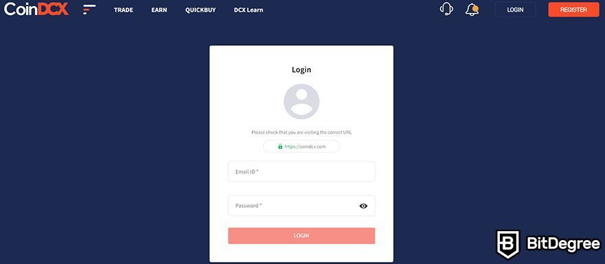 CoinDCX review: login page.