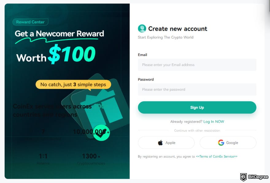CoinEX referral code: create new account.