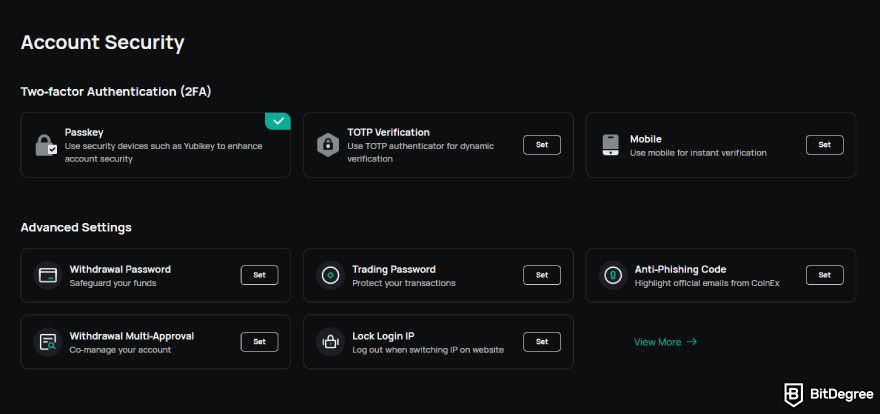 CoinEx review: account security settings.
