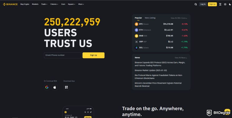 CoinEx review: Binance's homepage.