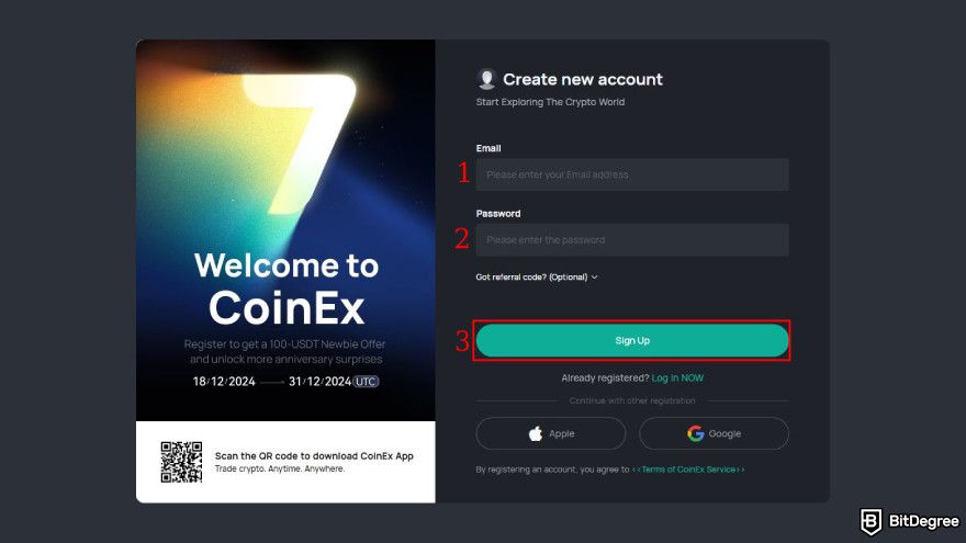 CoinEx review: enter your email and create a password.