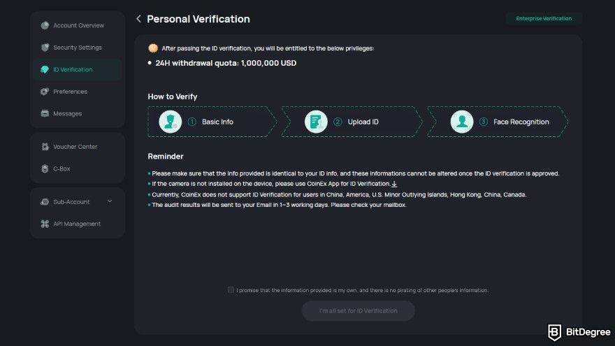 CoinEx review: personal verification process.