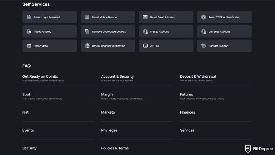 CoinEx review: self service and FAQ page.