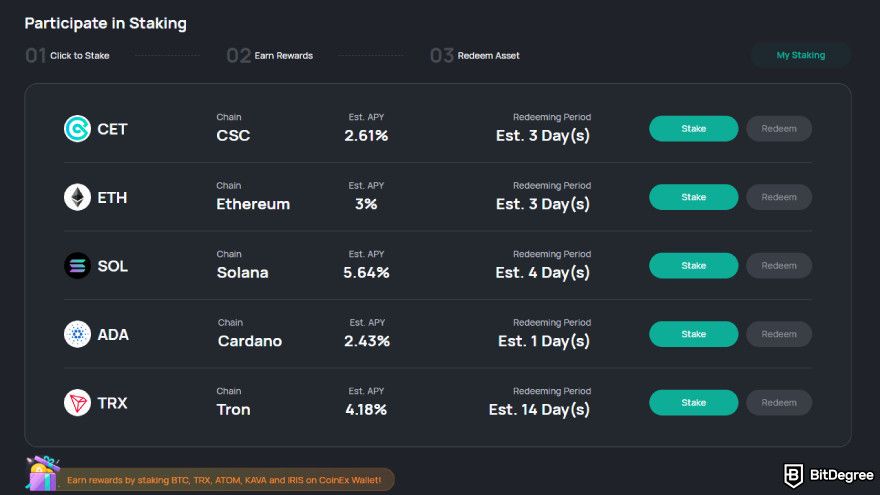 CoinEx review: available coins for staking.