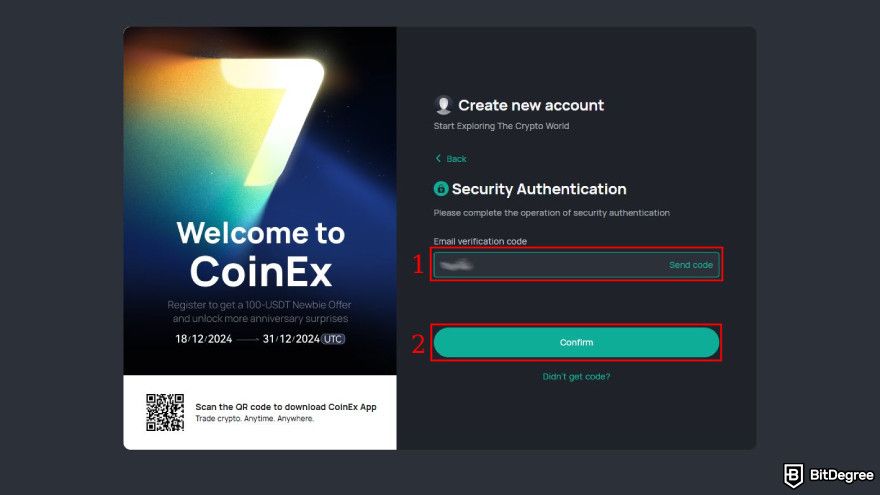 CoinEx review: verify your email by providing a verification code.