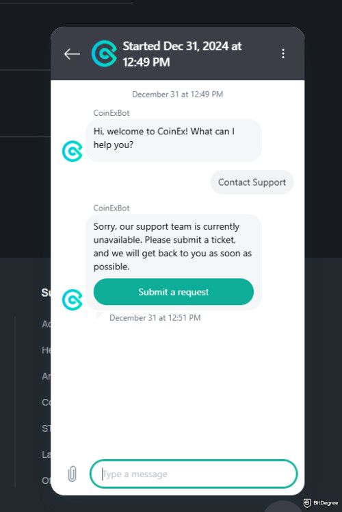 CoinEx review: customer service widget.