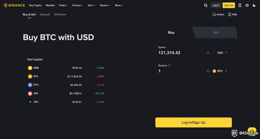 Coinexx review: Binance buy crypto page.