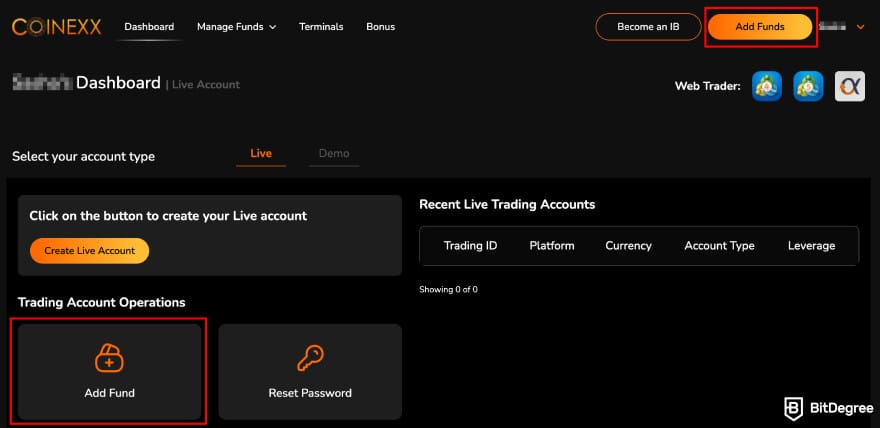Coinexx review: Coinexx's add funds button for deposit.