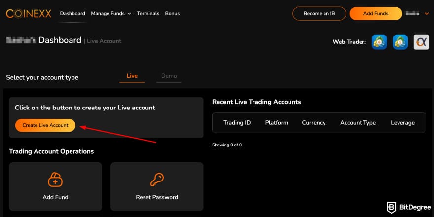 Coinexx review: Coinexx's dashboard create live account.