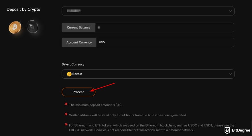 Coinexx review: Coinexx's deposit by crypto page.