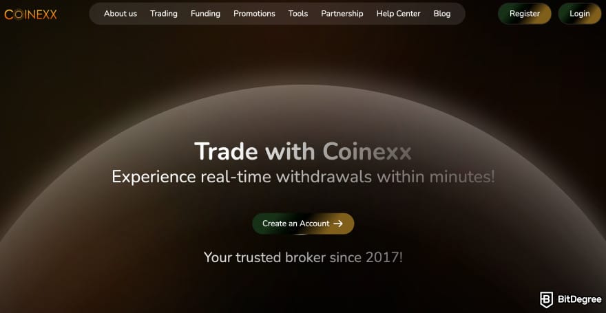 Coinexx review: Coinexx's homepage.