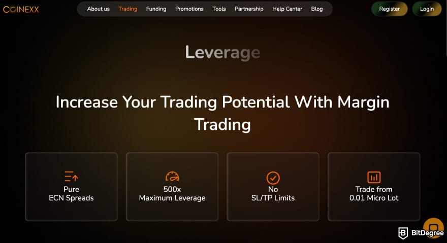 Coinexx review: Coinexx's margin and leverage page.