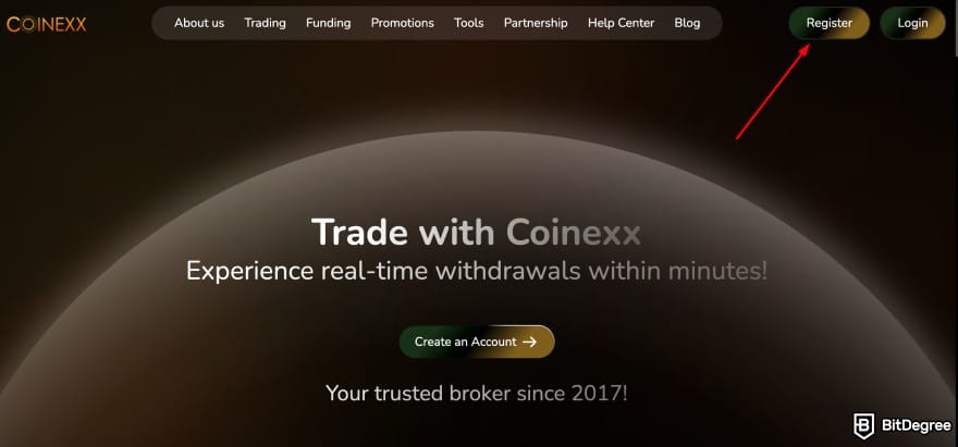Coinexx review: Coinexx's register button.