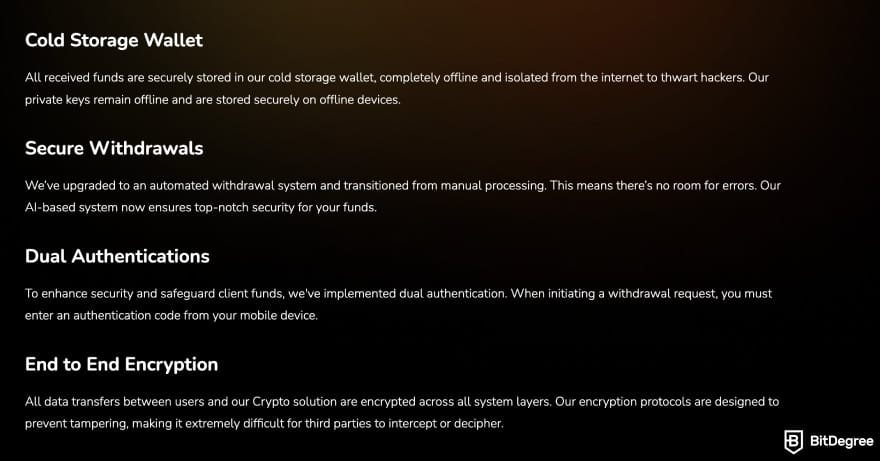 Coinexx review: Coinexx security of funds page.