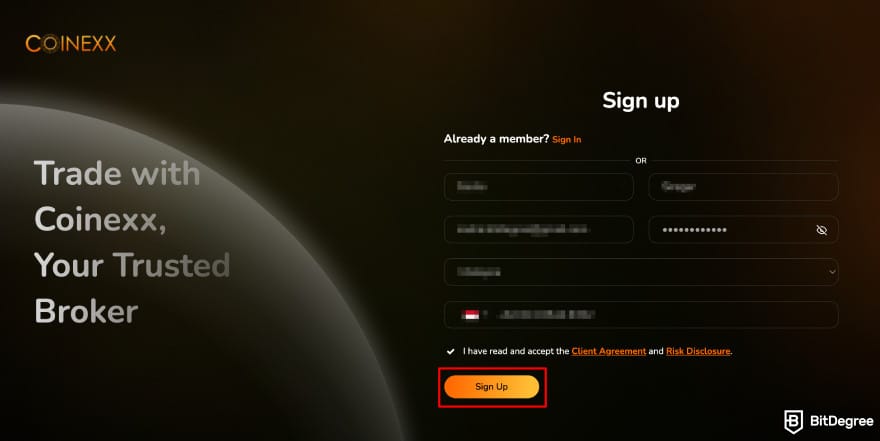 Coinexx review: Coinexx's sign up page.