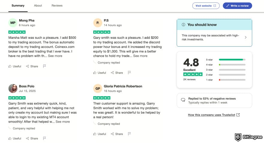 Coinexx review: Coinexx's Trustpilot page.