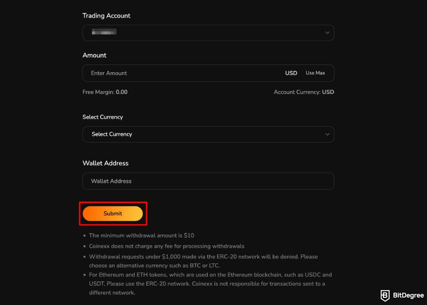 Coinexx review: Coinexx's withdrawal submission.