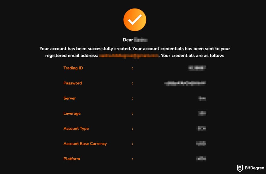 Coinexx review: MetaTrader 4 account creation successful.
