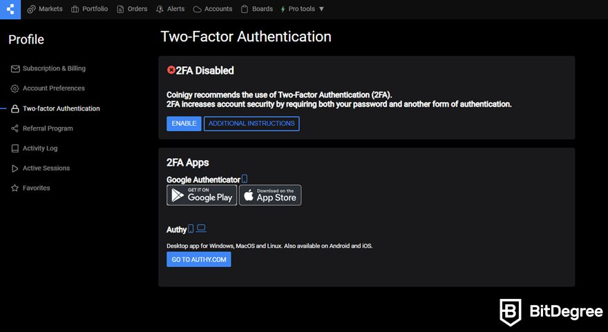 Coinigy review: two-factor authentication settings.