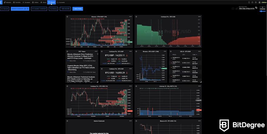 Coinigy review: the "Boards" page.