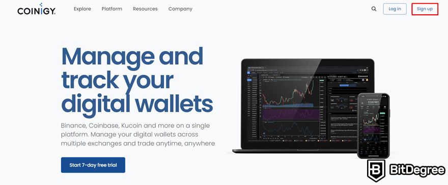 Coinigy review: sign-up button on the homepage highlighted.