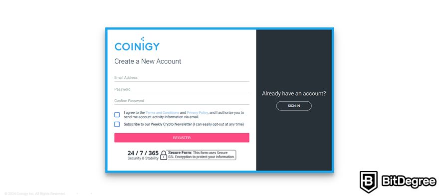 Coinigy review: sign-up form.