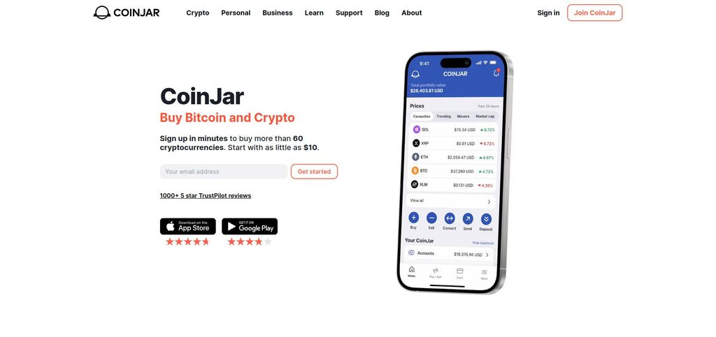 Coinjar review: a preview of CoinJar homepage.