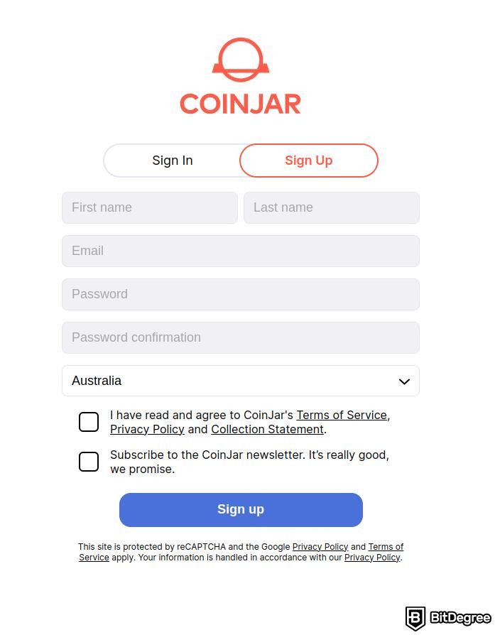 CoinJar review: CoinJar's sign up form.