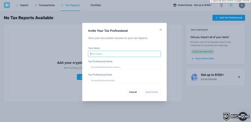 CoinLedger review: "Invite Your Tax Professional" pop-up window.