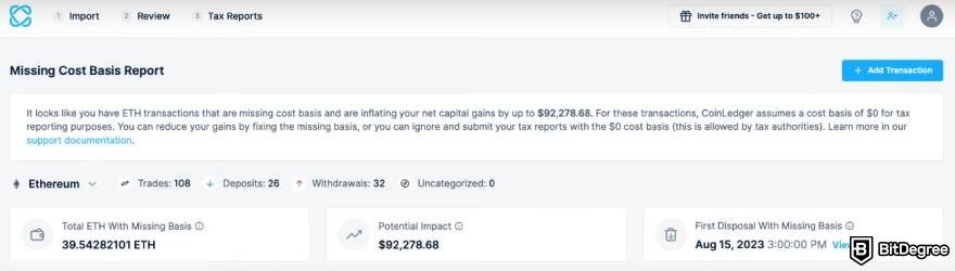 CoinLedger review: missing cost basis report.