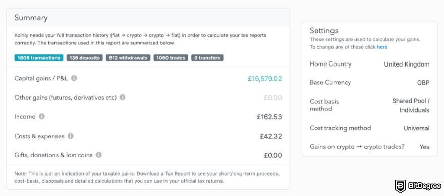 CoinLedger review: overall tax liability report on Koinly.