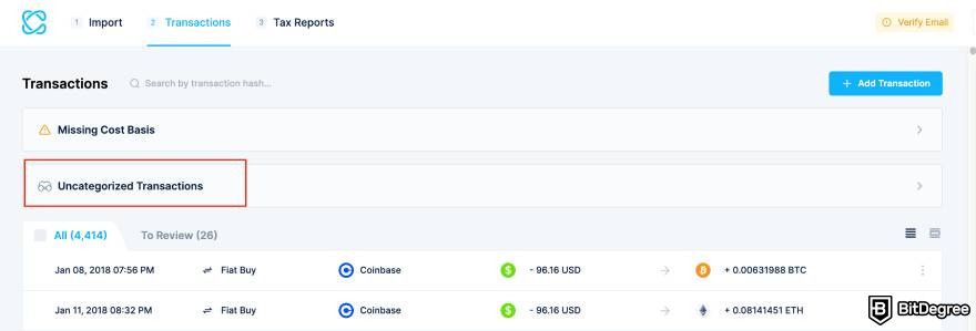 CoinLedger review: uncategorized transactions.