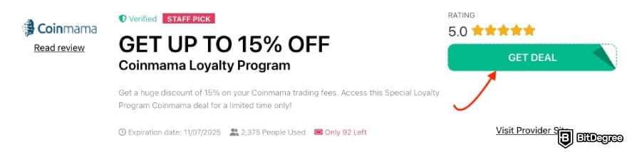 Coinmama coupon code: a red arrow pointing to the [GET DEAL] button on BitDegree's page.