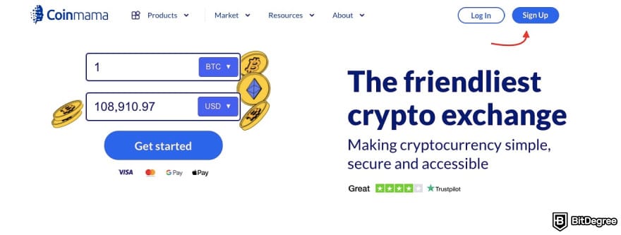 Coinmama coupon code: a red arrow pointing to the [Sign Up] button on Coinmama's page.