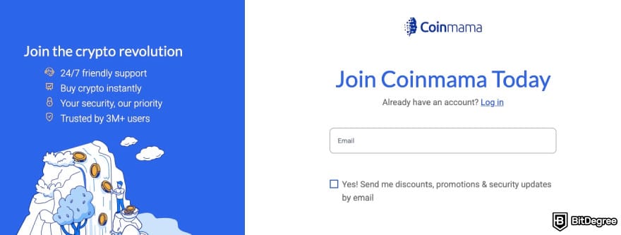 Coinmama coupon code: Coinmama's sign up page.